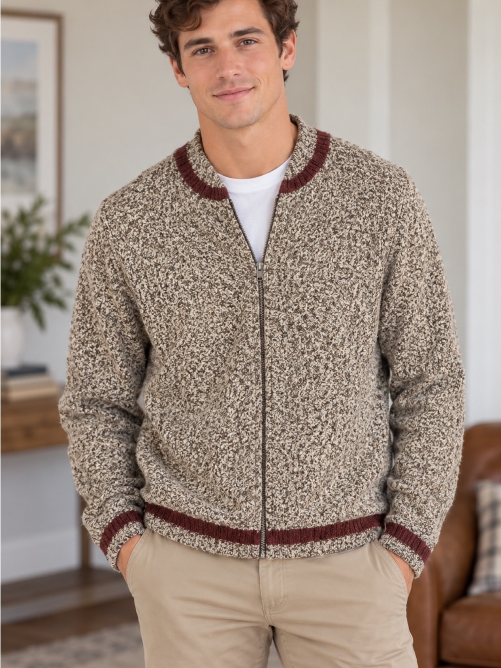Ralph Lauren Vintage Men’s Taupe Marled Zip Cardigan with Brown Trim